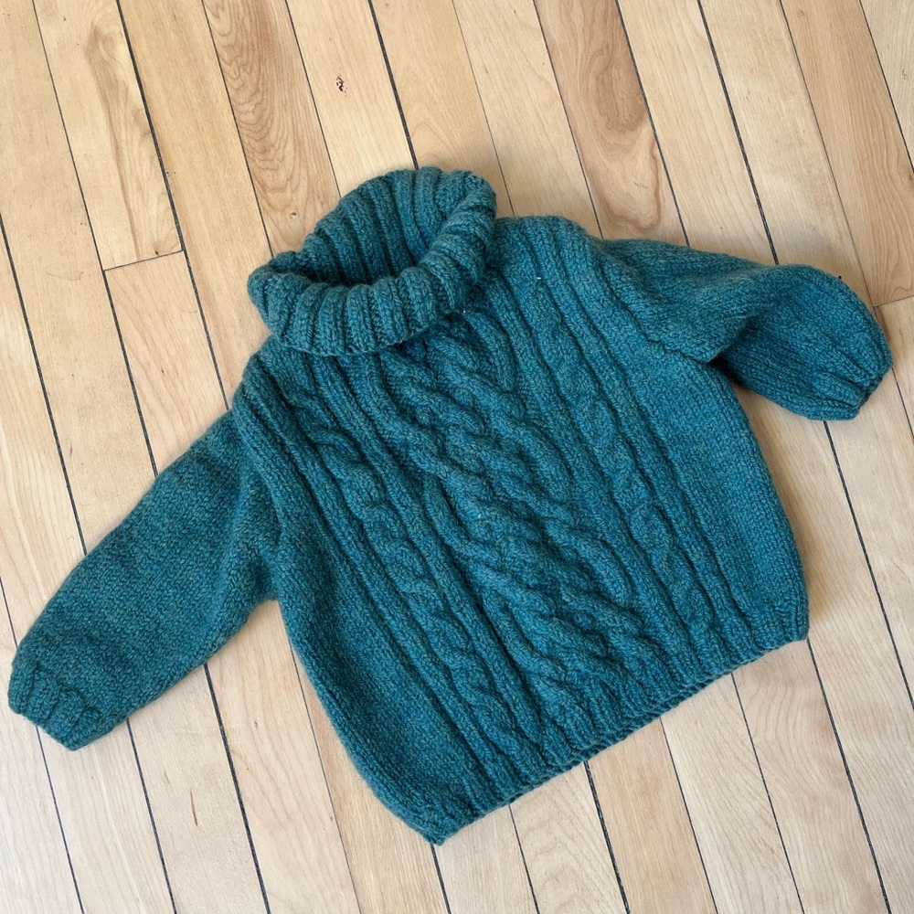 Vintage Baby Toddler Hand Knit Teal Cable Knit Sweater